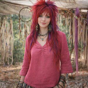 Hot Cotton Rose Pink Tone Pullover Styling 100% Linen Top Size Small